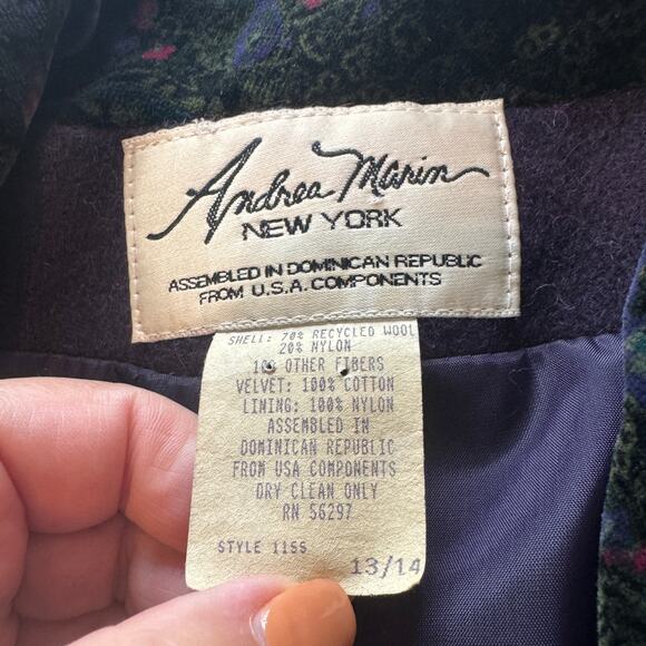 EUC Vtg 80s 90s Andrea Marin Purple Wool Coat Velvet Paisley Shawl Collar L/XL - Picture 8 of 9